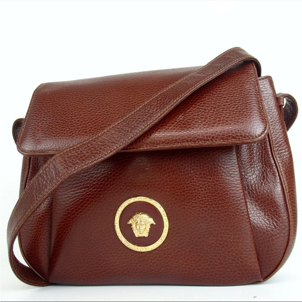 Versace Dark Brown Crossbody Bag with Gold Medusa Emblem
